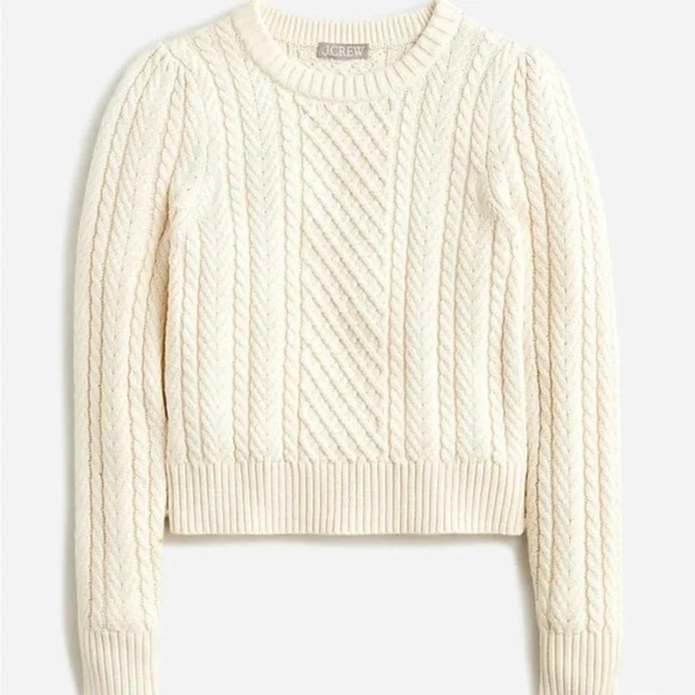 J. Crew Cable-knit puff-sleeve crewneck sweater in cream size large